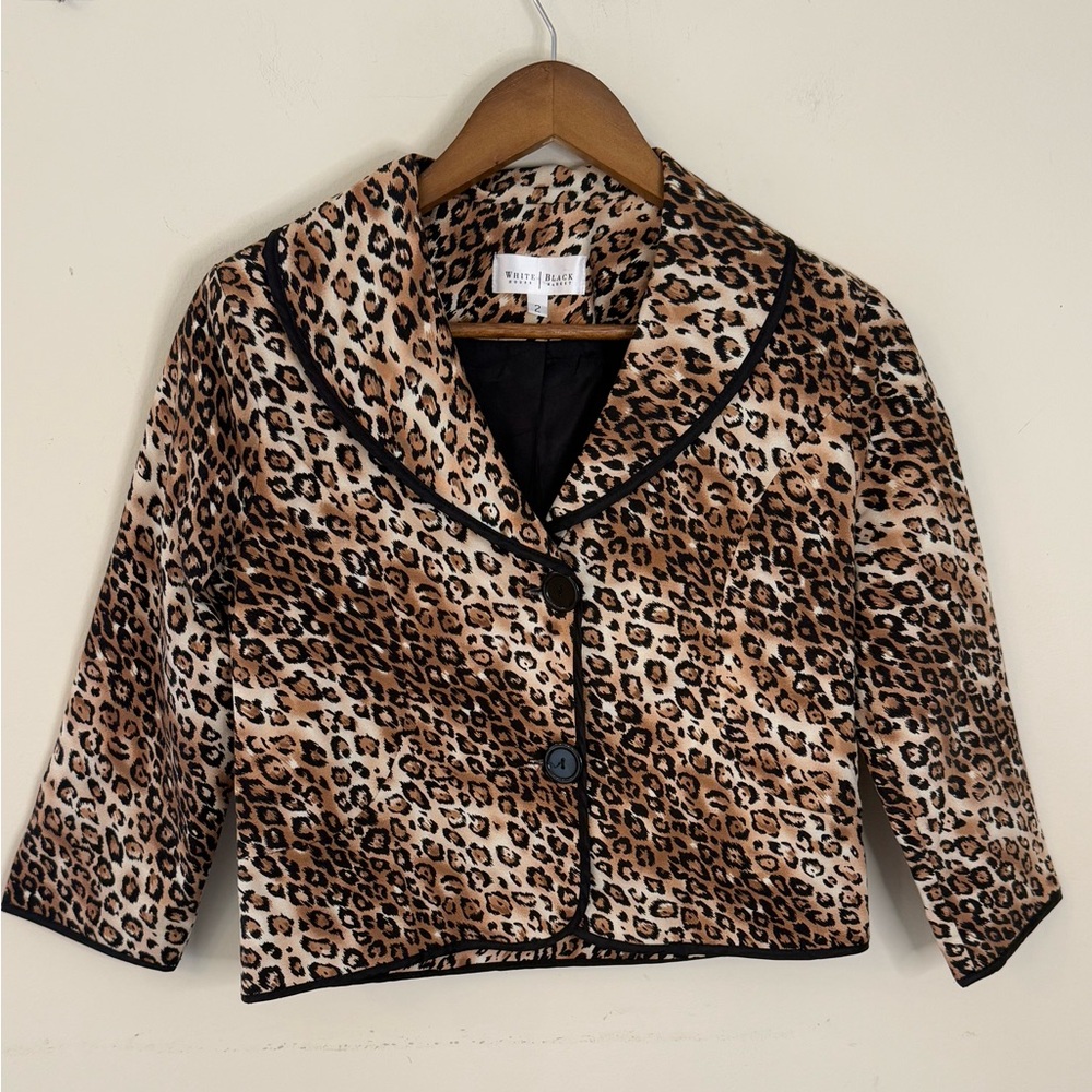 White House Black Market crop leopard print blazer jacket SZ 2